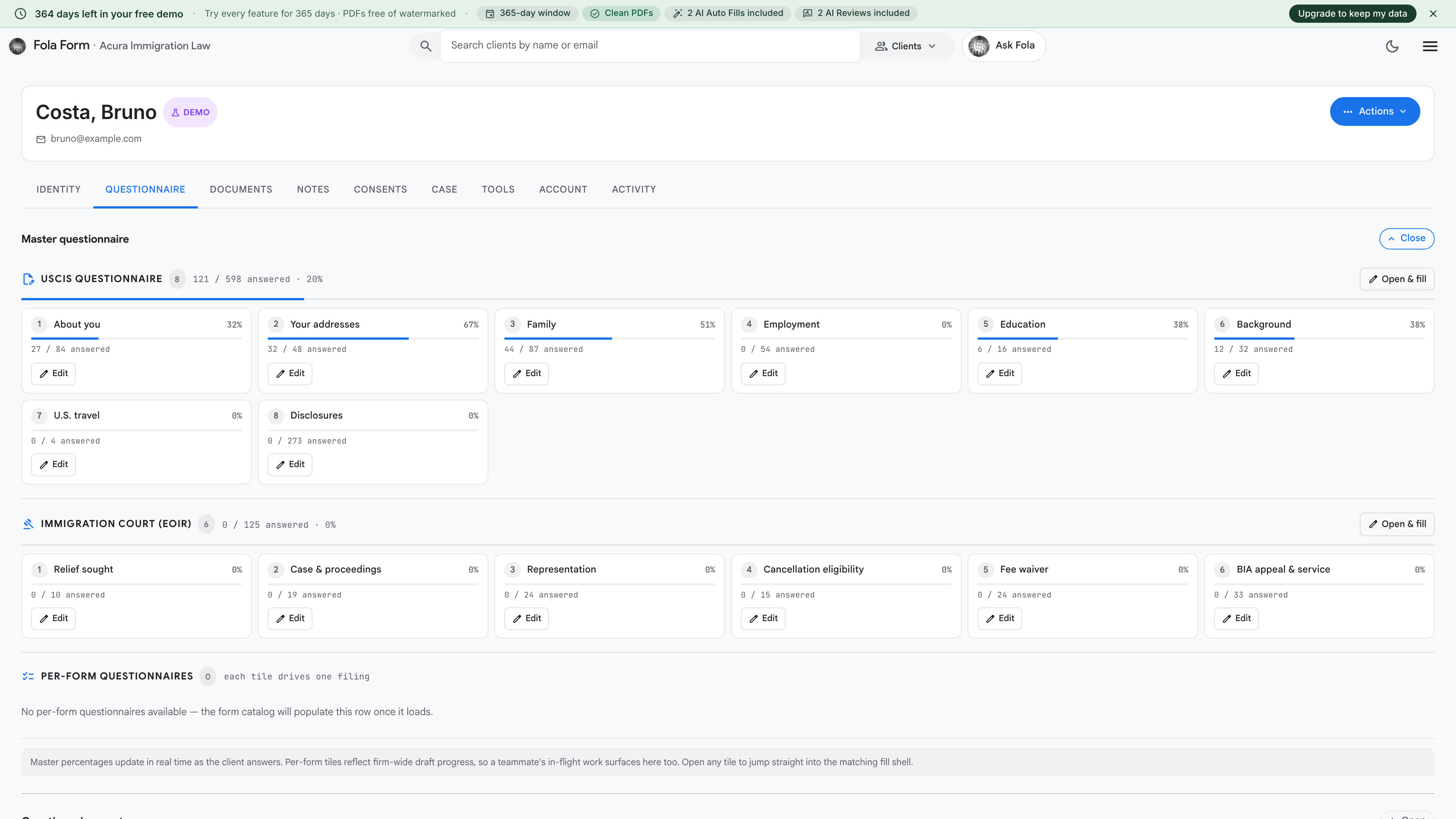 Questionnaire tab