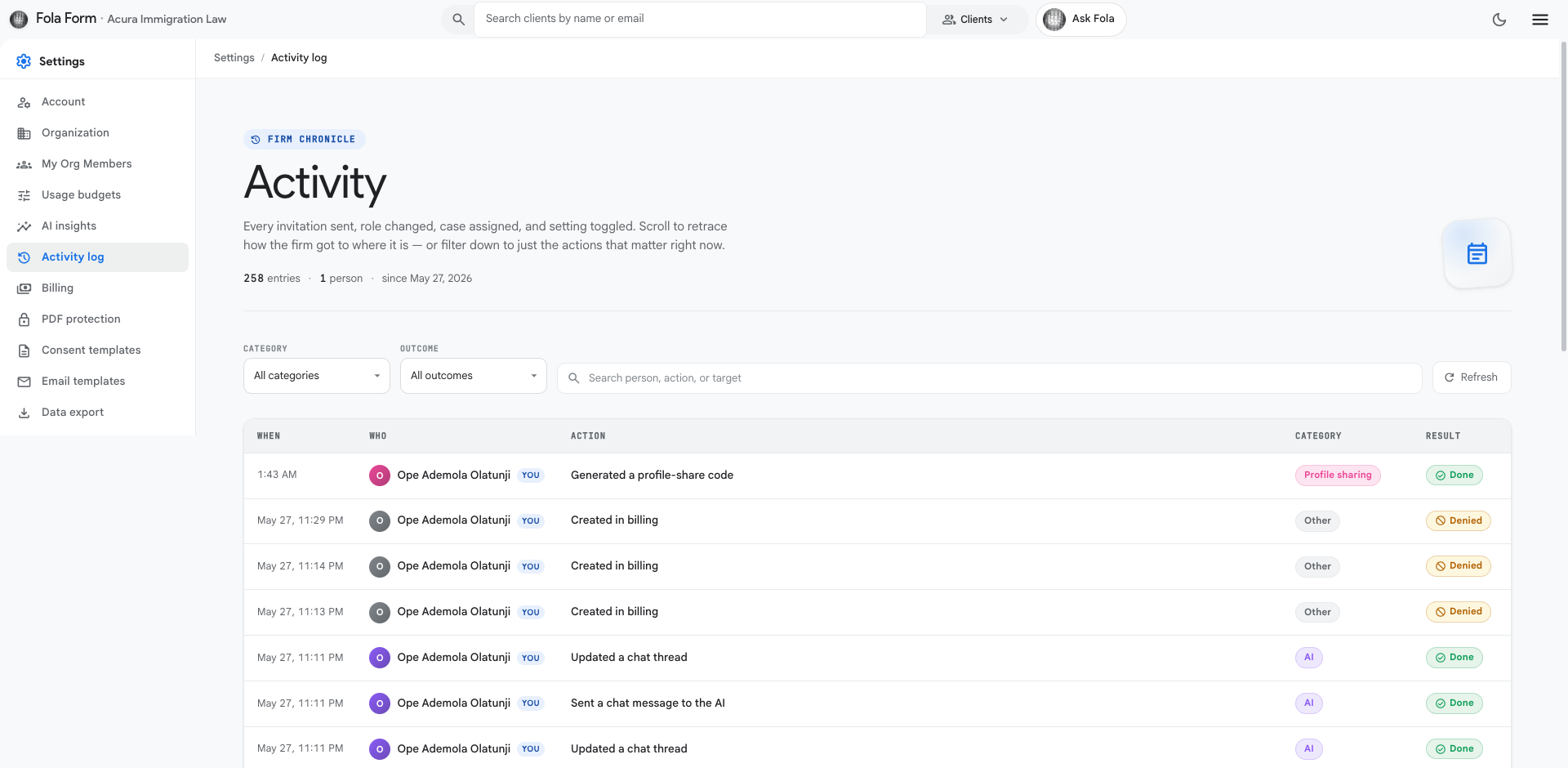 Activity log