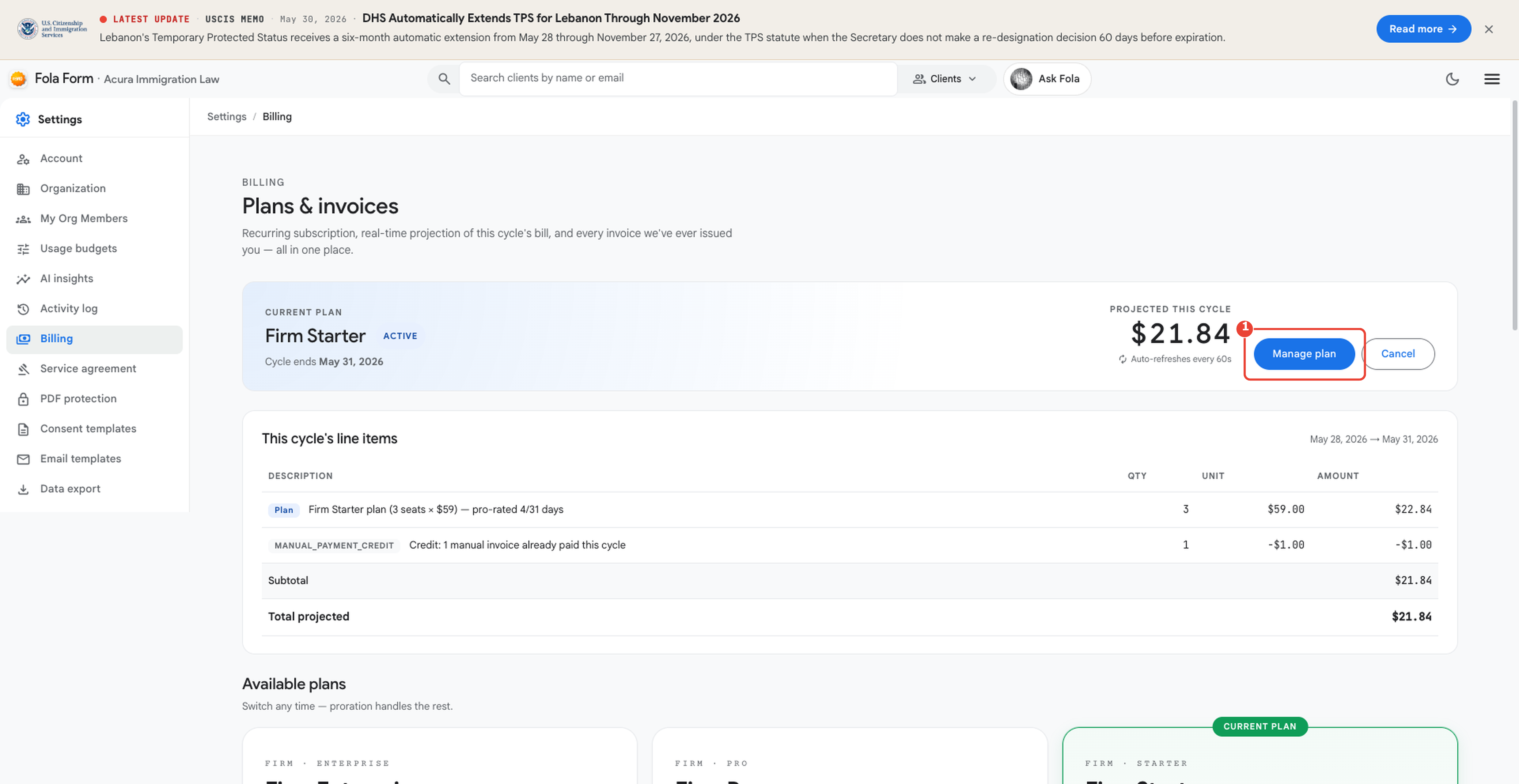 Open Settings → Billing and click Manage plan to compare tiers